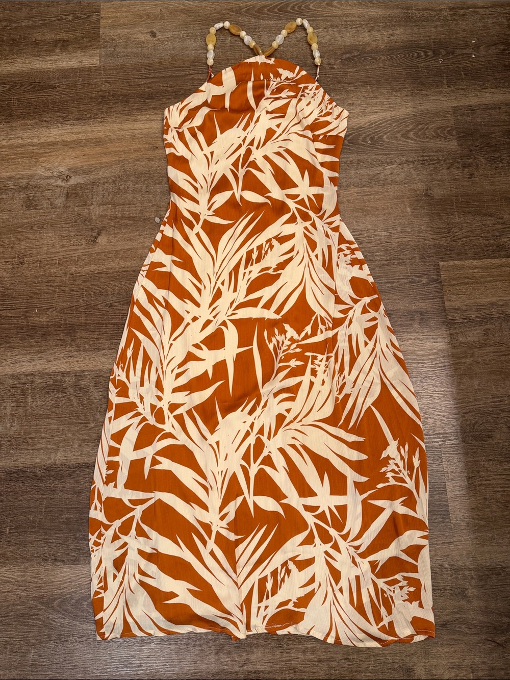 Rust & Cream Tropical Beaded-Strap Midi Dress